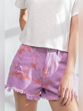 Easel High-Rise Tie-Dye Frayed Hem Denim Shorts - White & Tan